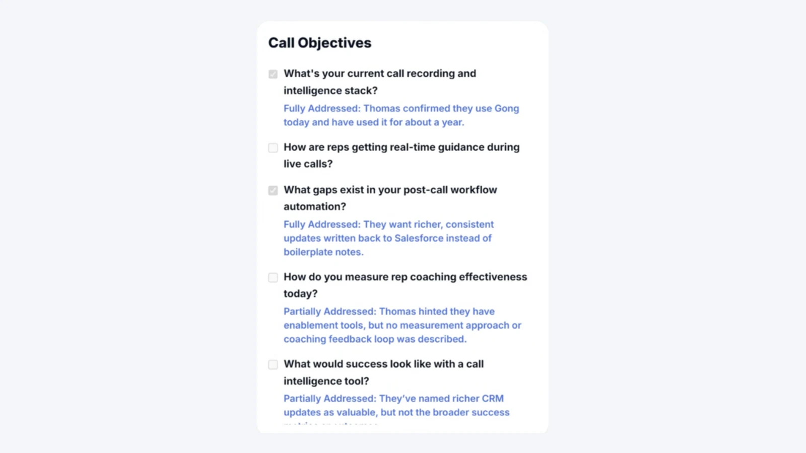 Call objectives tracked during a live call, each marked fully or partially addressed
